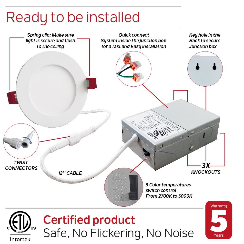 Nadair 6’’ LED Recessed Ultra Slim Lights, 5 Built-in Color Temperature (2.7K/3K/3.5K/4K/5K), IC Rated, Dimmable, 12W, 1000 Lumens, Quick Connects Included, White Finish, Black Trim Included - Image 4