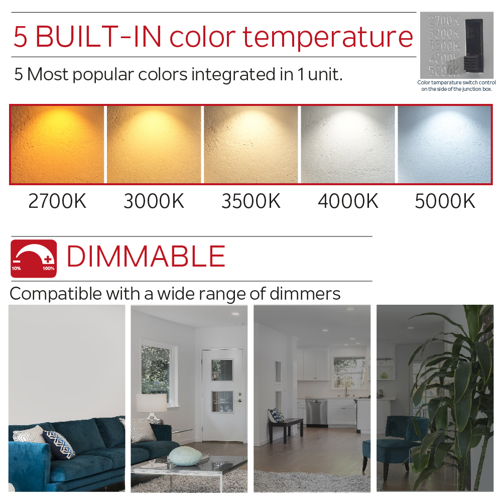 Nadair 6’’ LED Recessed Ultra Slim Lights, 5 Built-in Color Temperature (2.7K/3K/3.5K/4K/5K), IC Rated, Dimmable, 12W, 1000 Lumens, Quick Connects Included, White Finish, Black Trim Included - Image 3