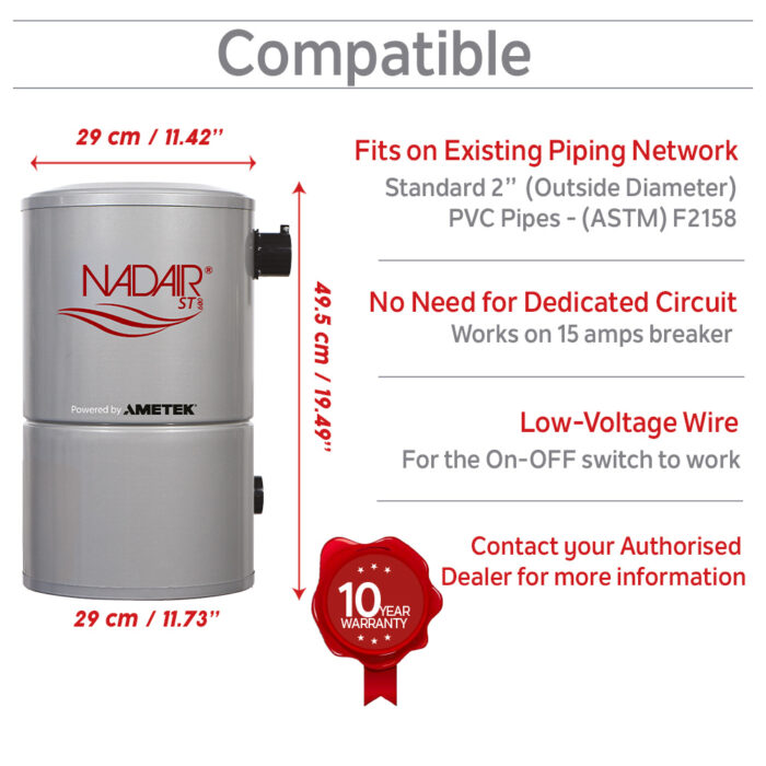600 AIRWATTS Compact Central Vacuum System, 18L / 4.75 Gal. Canister, Must be used with a disposable bag and protective permanent filter at all times - Image 7