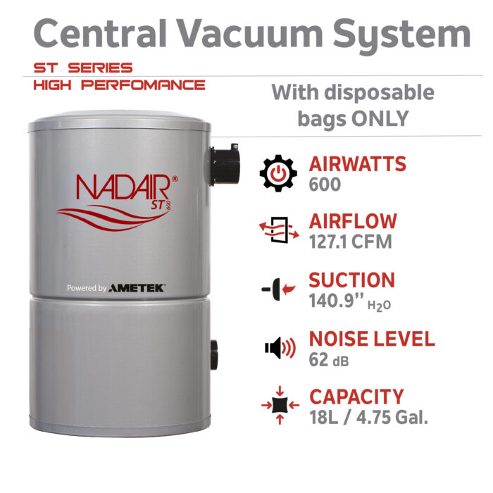 600 AIRWATTS Compact Central Vacuum System, 18L / 4.75 Gal. Canister, Must be used with a disposable bag and protective permanent filter at all times - Image 3