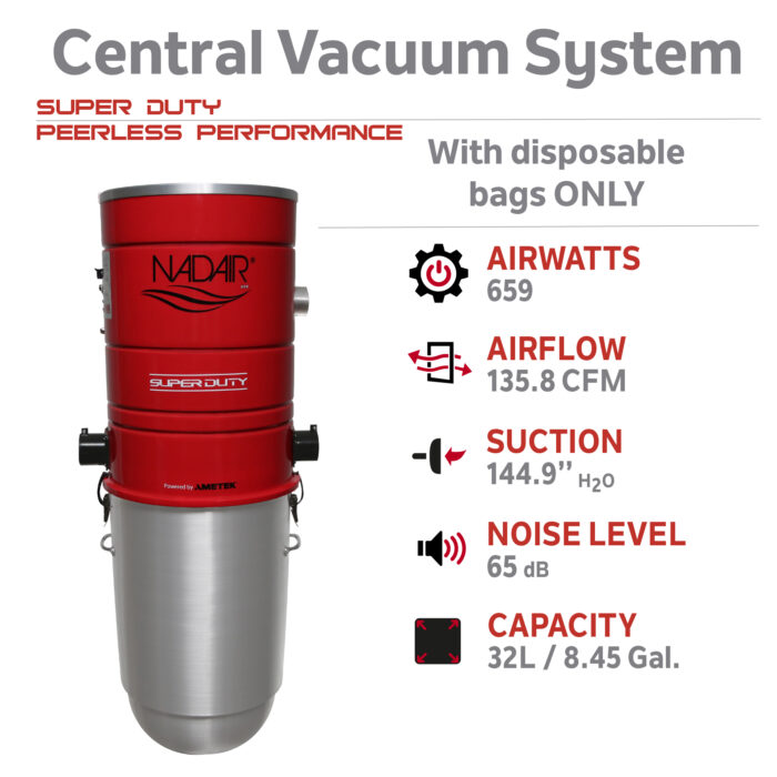 659 AIRWATTS Self-Cleaning Hybrid Central Vacuum System, 6.6” (17 cm) AMETEK LAMB By-Pass Semi-Commercial Grade Motor, 32L / 8.45 Gal. - Image 3