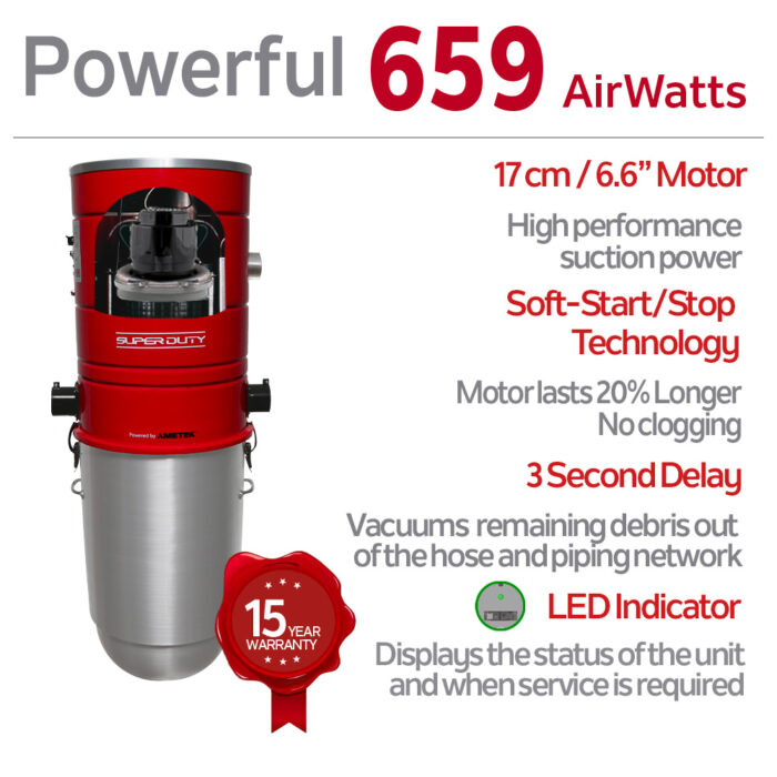 659 AIRWATTS Self-Cleaning Hybrid Central Vacuum System, 6.6” (17 cm) AMETEK LAMB By-Pass Semi-Commercial Grade Motor, 32L / 8.45 Gal. - Image 4