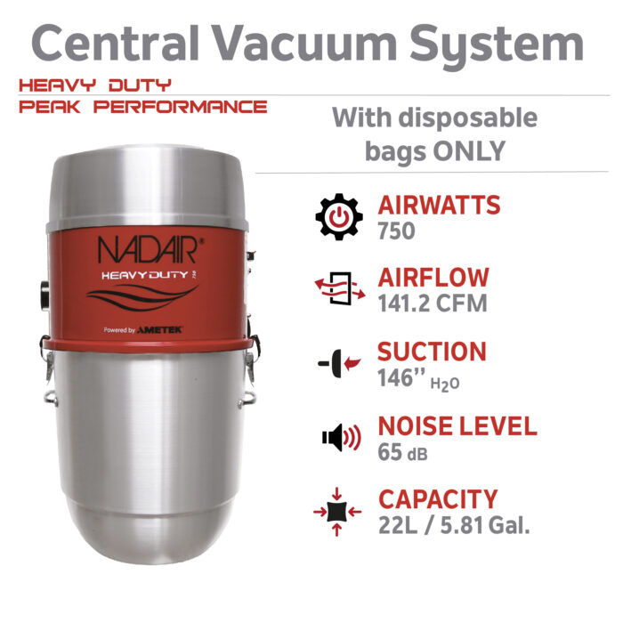750 AIRWATTS Hybrid Central Vacuum System, 22L / 5.81 Gal., Can be used with or without disposable filtration bags - Image 3