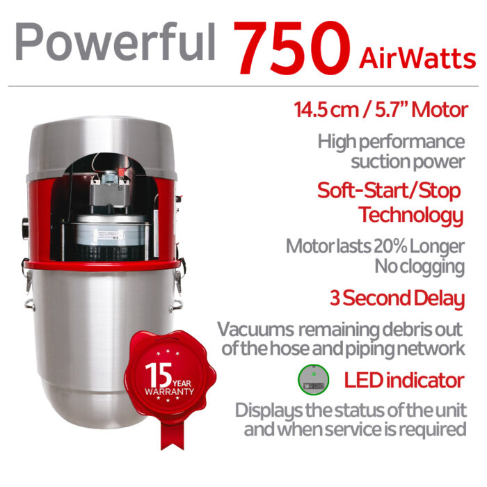 750 AIRWATTS Hybrid Central Vacuum System, 22L / 5.81 Gal., Can be used with or without disposable filtration bags - Image 4