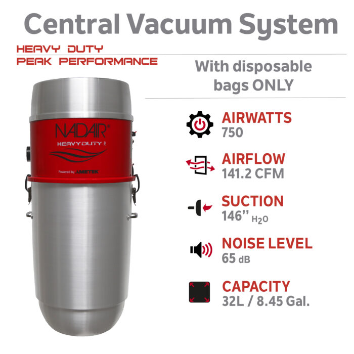 750 AIRWATTS Hybrid Central Vacuum System, 32L / 8.45 Gal., Can be used with or without disposable filtration bags - Image 3