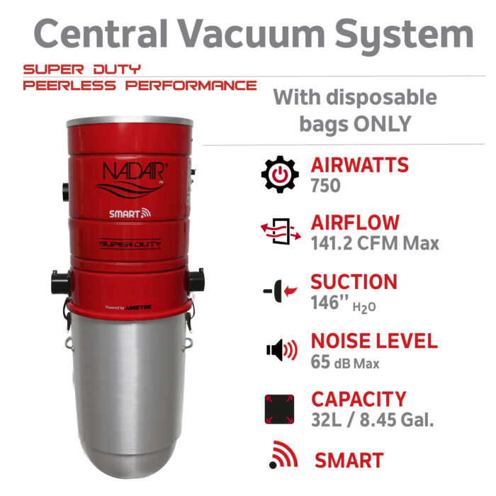 750 AIRWATTS Smart Central Vacuum System, Hybrid Self-Cleaning Filtration, 32L / 8.45 Gal., Control Your Central Vacuum with Smart Device - Image 3