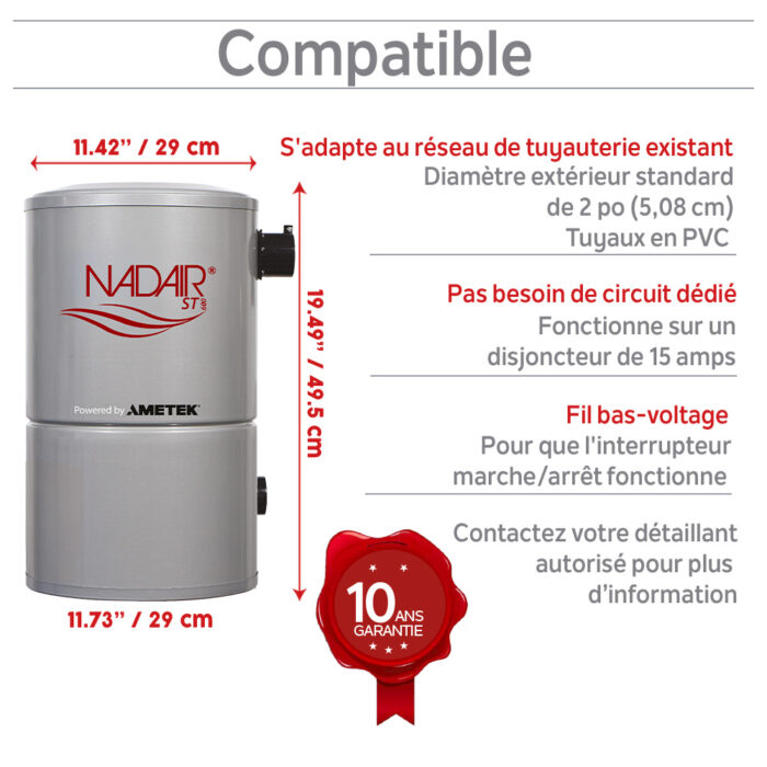 Aspirateur central compact de 600 AIRWATTS, réservoir de 18 L (4,75 gal). Doit être utilisé avec un sac jetable et un filtre protecteur permanent en tout temps. - Image 6