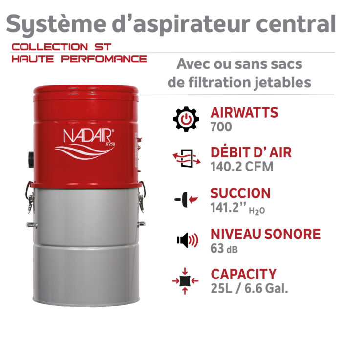 Aspirateur central hybride compact 700 AIRWATTS, cuve de 25 L / 6,6 gal., utilisable avec ou sans sacs filtrants jetables. - Image 3
