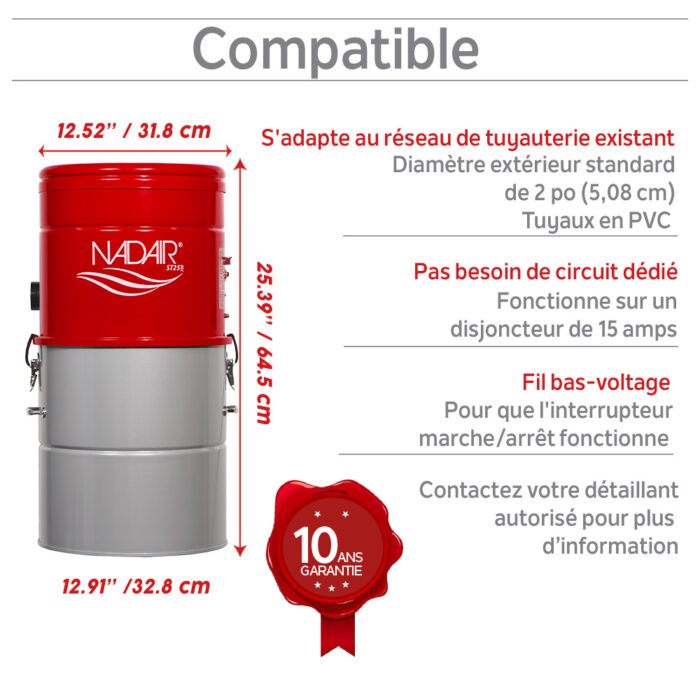 Aspirateur central hybride compact 700 AIRWATTS, cuve de 25 L / 6,6 gal., utilisable avec ou sans sacs filtrants jetables. - Image 6