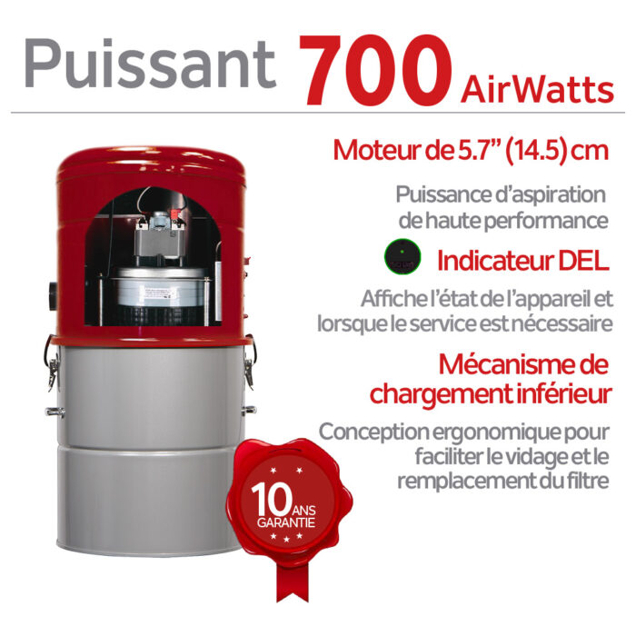 Aspirateur central hybride compact 700 AIRWATTS, cuve de 25 L / 6,6 gal., utilisable avec ou sans sacs filtrants jetables. - Image 7
