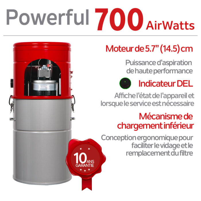 Aspirateur central hybride 700 AIRWATTS, cuve de 35 L (9,25 gal), utilisable avec ou sans sacs filtrants jetables - Image 4