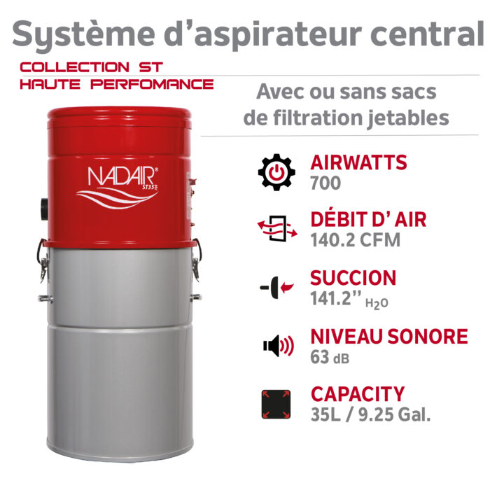 Aspirateur central hybride 700 AIRWATTS, cuve de 35 L (9,25 gal), utilisable avec ou sans sacs filtrants jetables - Image 3