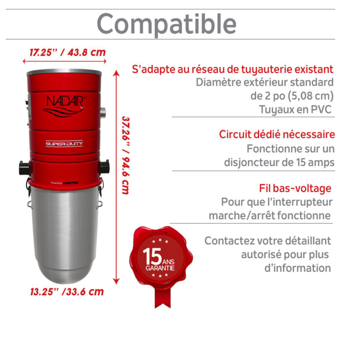Système d'aspirateur central hybride autonettoyant 710 AIRWATTS, 8,4 po (21,34 cm), moteur de qualité commerciale à dérivation AMETEK LAMB, 32 L / 8,45 gal. - Image 7