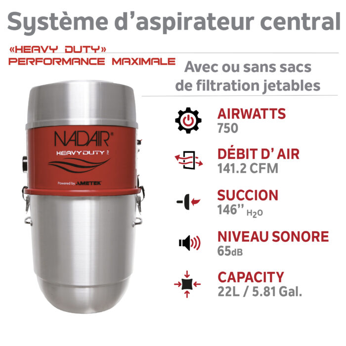 Système d'aspirateur central hybride 750 AIRWATTS, 22 L / 5,81 gal., Peut être utilisé avec ou sans sacs de filtration jetables - Image 3