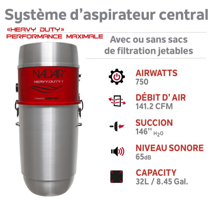 Système d'aspirateur central hybride 750 AIRWATTS, 32 L / 8,45 gal., Peut être utilisé avec ou sans sacs de filtration jetables - Image 3