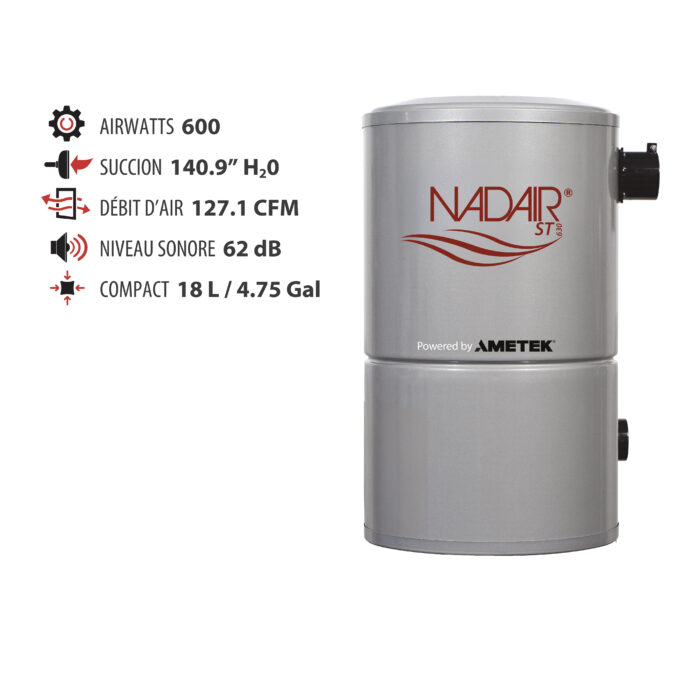 Aspirateur central compact de 600 AIRWATTS, réservoir de 18 L (4,75 gal). Doit être utilisé avec un sac jetable et un filtre protecteur permanent en tout temps.