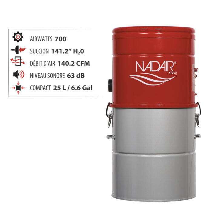Aspirateur central hybride compact 700 AIRWATTS, cuve de 25 L / 6,6 gal., utilisable avec ou sans sacs filtrants jetables.