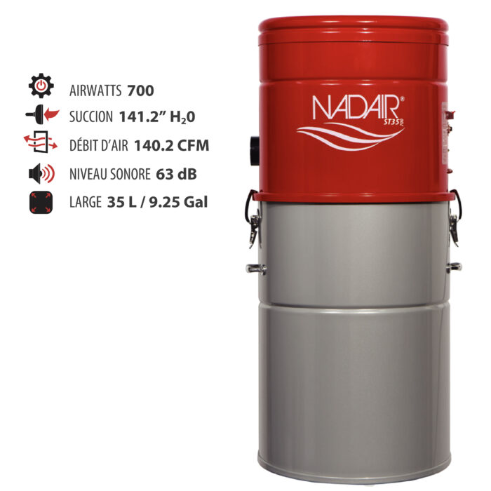 Aspirateur central hybride 700 AIRWATTS, cuve de 35 L (9,25 gal), utilisable avec ou sans sacs filtrants jetables