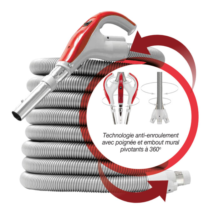 Boyau bas-voltage avec interrupteur marche/arrêt, technologie anti-enroulement avec poignée et embout mural pivotants à 360˚ (disponible en 30 pi, 35 pi ou 40 pi)