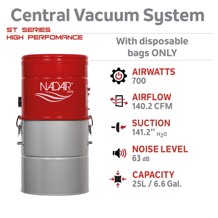 700 AIRWATTS Compact Hybrid Central Vacuum System, 25L / 6.6 Gal. Canister, Can be used with or wihthout disposable filtration bags - Image 5