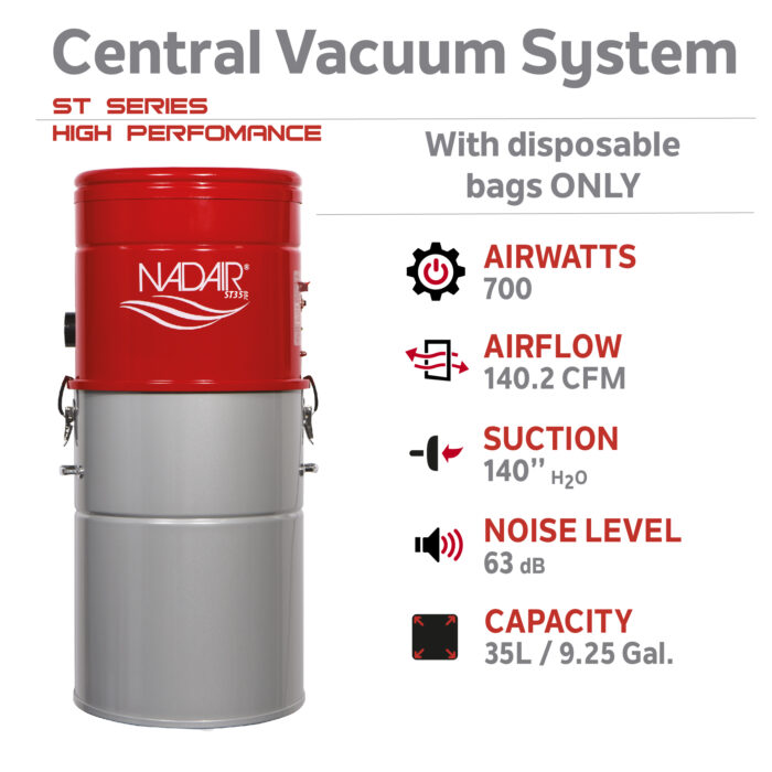 700 AIRWATTS Hybrid Central Vacuum System, 35L / 9.25 Gal. Canister, Can be used with or without disposable filtration bags - Image 3