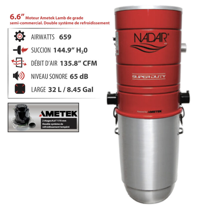 Système d'aspirateur central hybride autonettoyant AIRWATTS 659, moteur semi-commercial à dérivation AMETEK LAMB de 6,6 po (17 cm), 32 L / 8,45 gal.