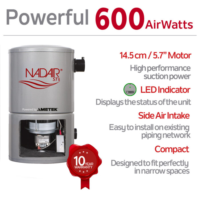 600 AIRWATTS Compact Central Vacuum System, 18L / 4.75 Gal. Canister, Must be used with a disposable bag and protective permanent filter at all times - Image 4