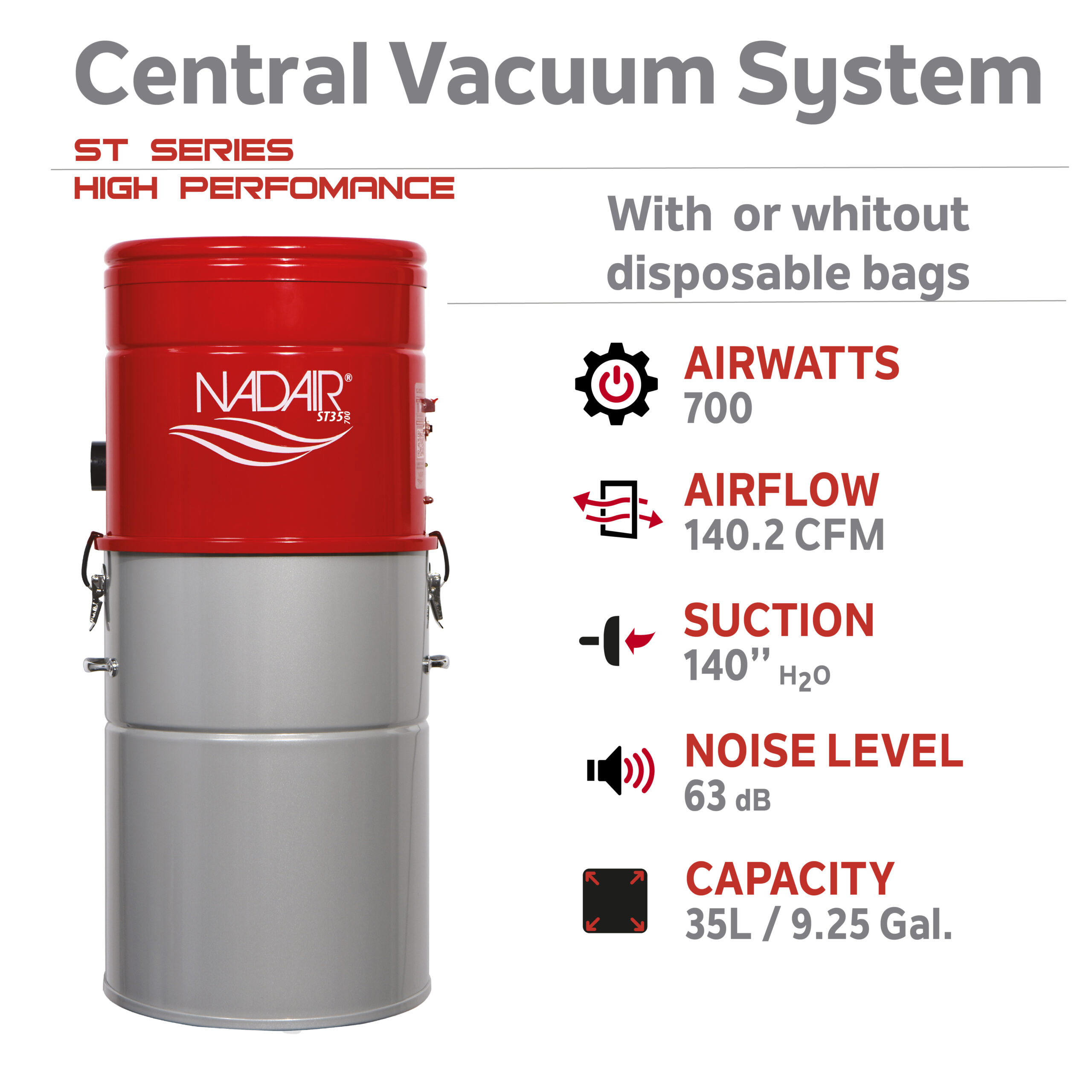 700 AIRWATTS Hybrid Central Vacuum System, 35L / 9.25 Gal. Canister, Can be used with or without disposable filtration bags - Image 2