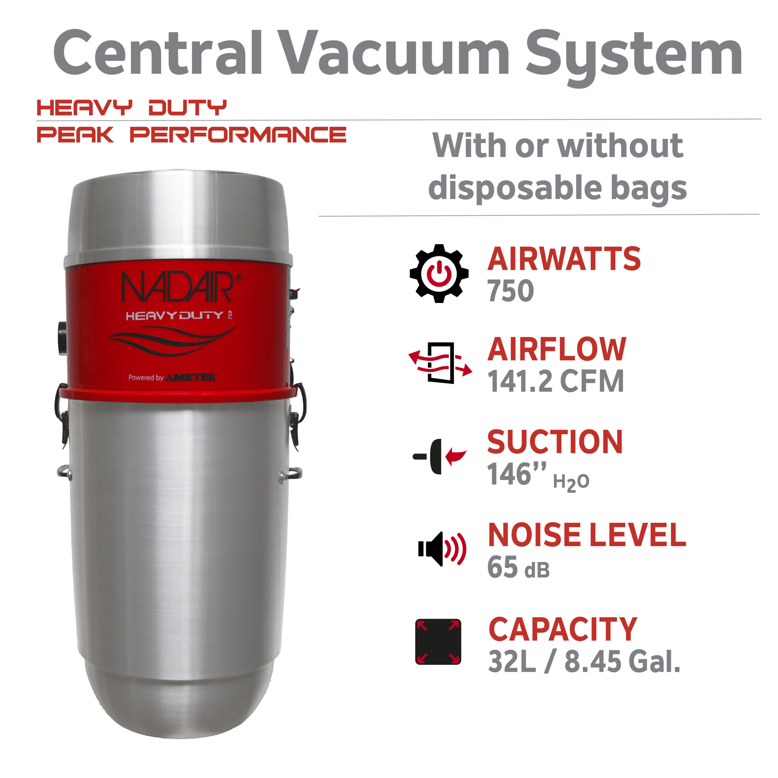 750 AIRWATTS Hybrid Central Vacuum System, 32L / 8.45 Gal., Can be used with or without disposable filtration bags - Image 2