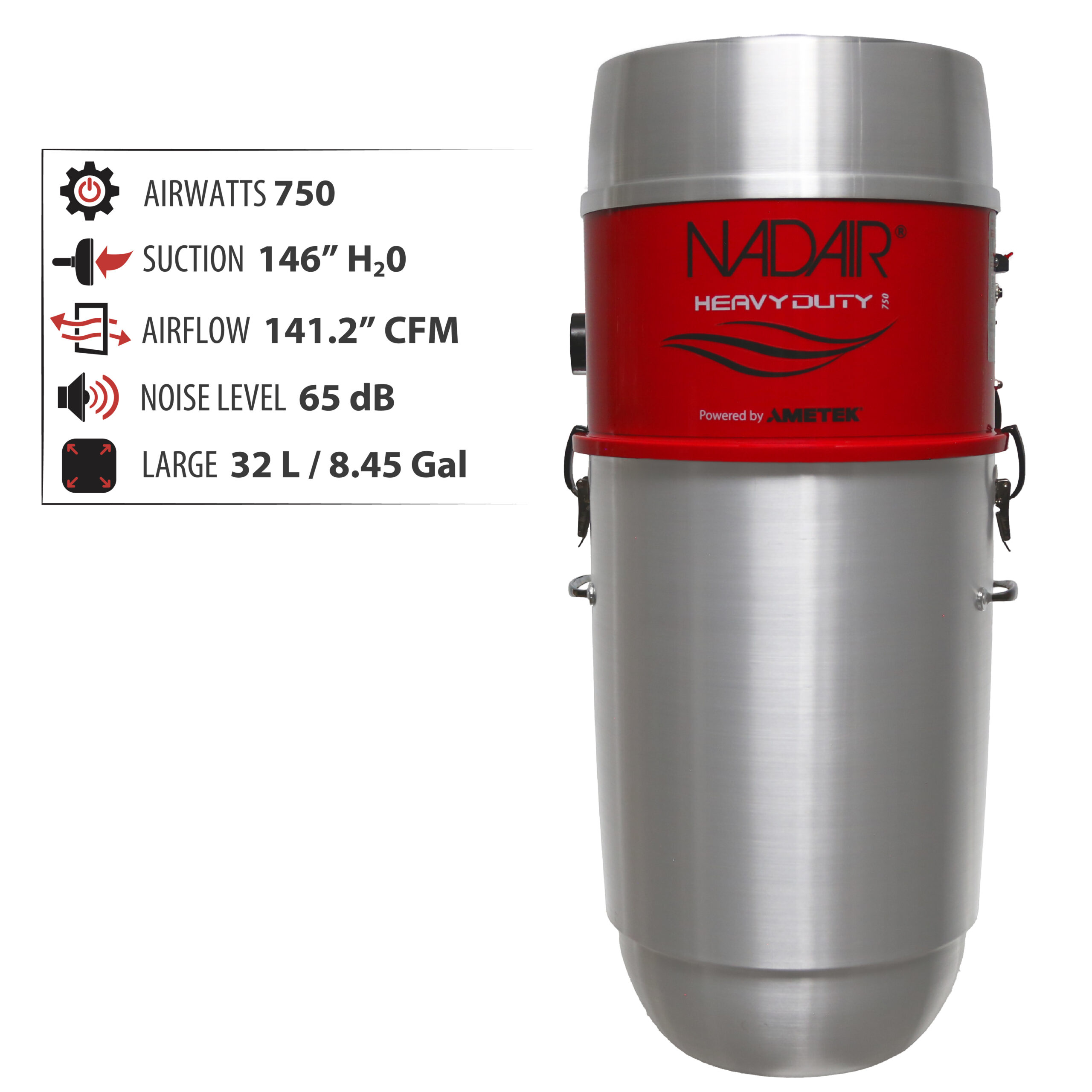 750 AIRWATTS Hybrid Central Vacuum System, 32L / 8.45 Gal., Can be used with or without disposable filtration bags